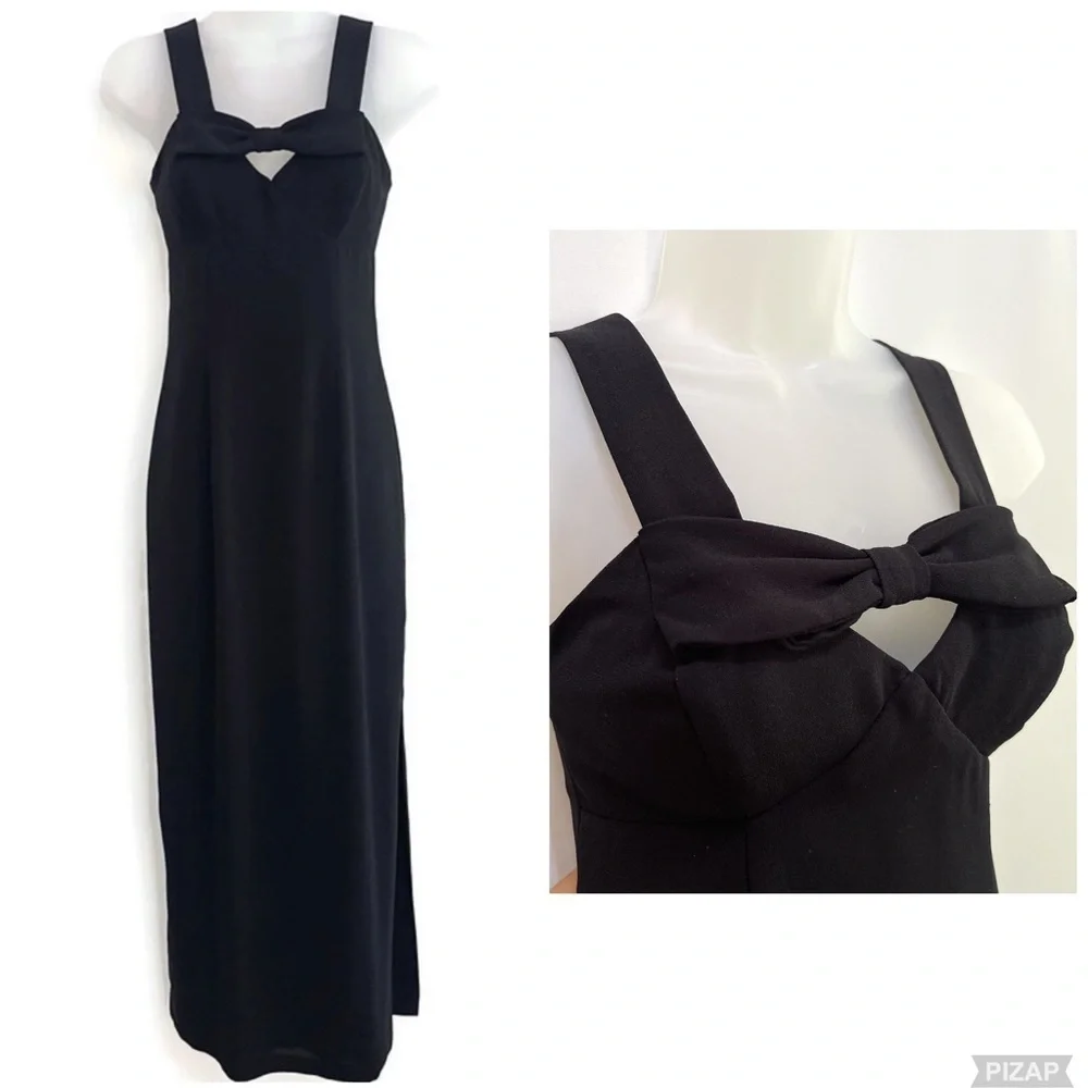 Vintage 90s Rampage Black‎ Formal Sweet Heart Bow Neckline Maxi Dress, XS